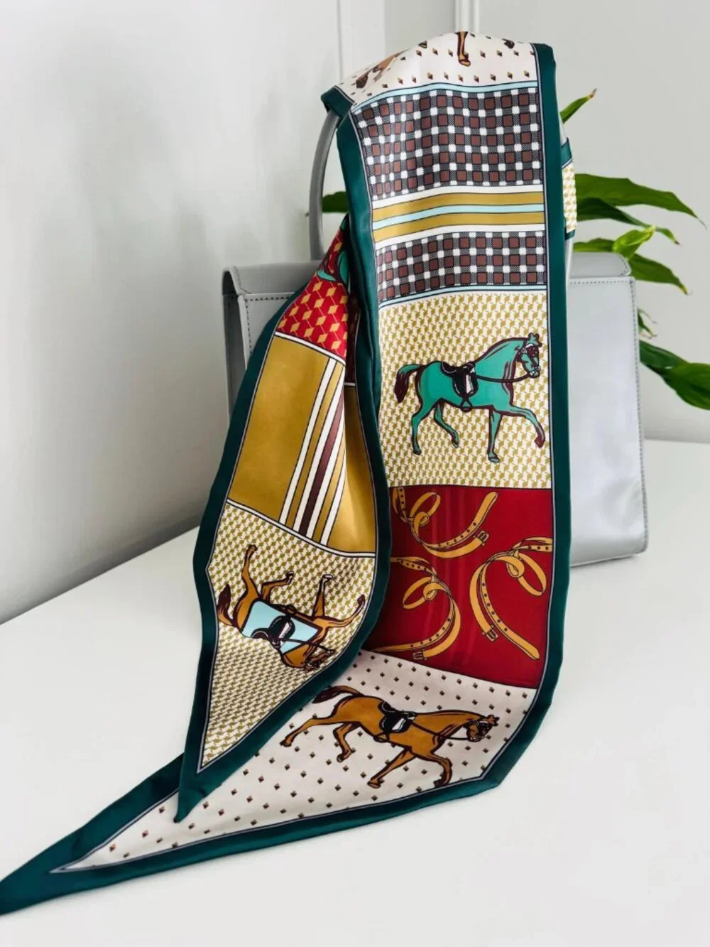 Italian Satin Equestrian Horse Print Bag Scarf Accessory
